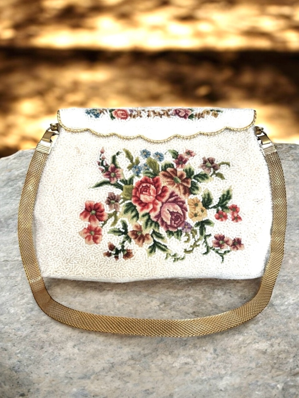 Vintage Denise Francelle Mini Bag White Floral Beaded